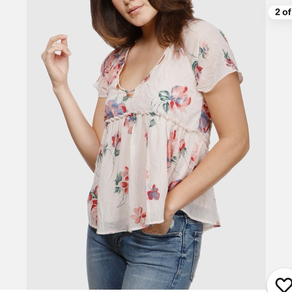 Lucky Brand beige floral cut out neckline blouse